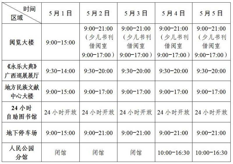 广西壮族自治区图书馆2024年“五一”假期开馆时间通告